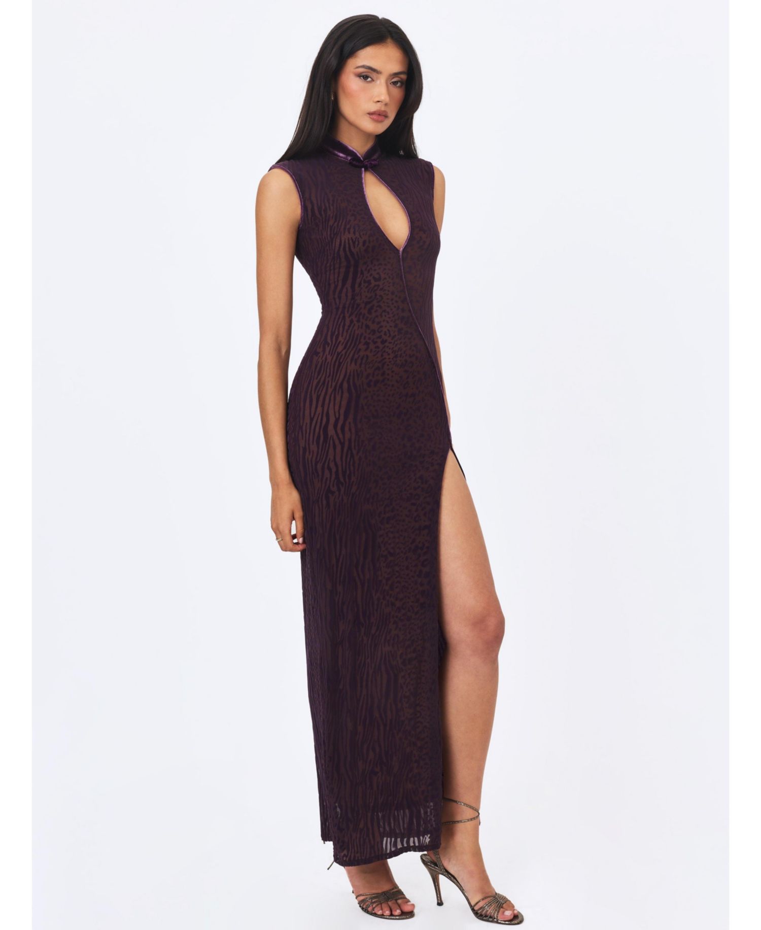 Women's Riona Party-Cocktail Burnout-Velvet Keyhole Maxi Dress