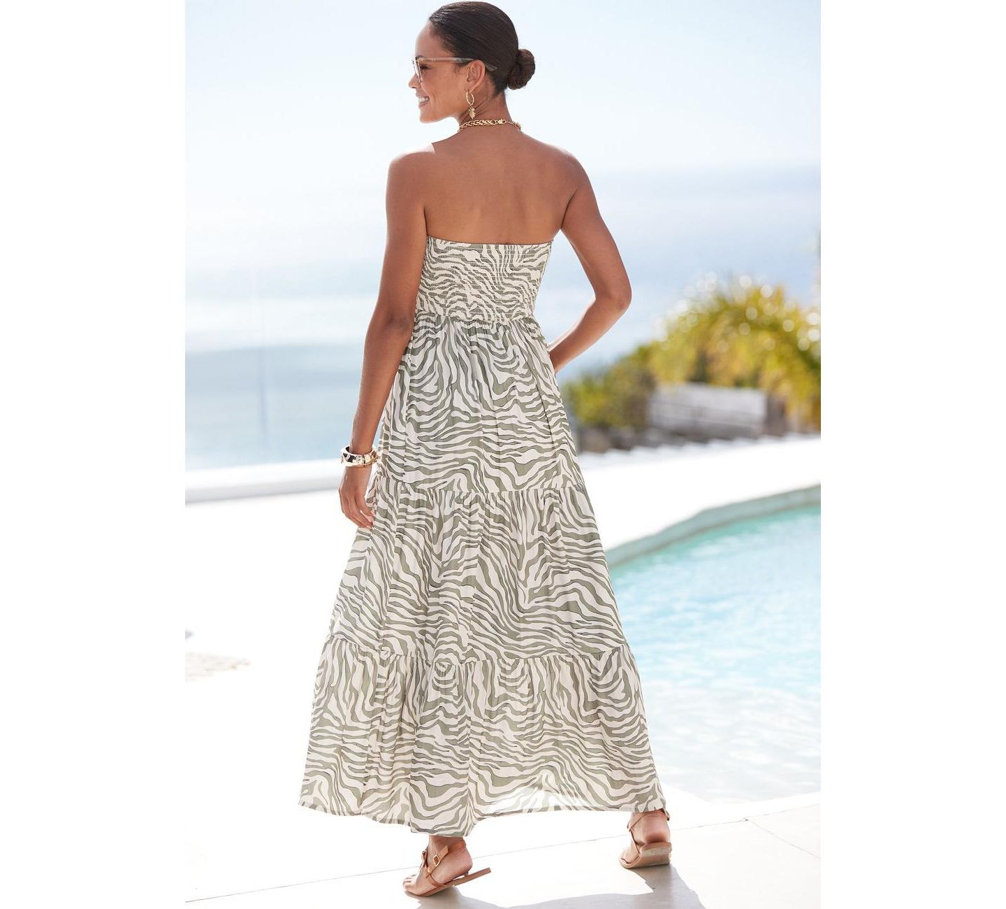 Женское платье Lascana Animal Print Strapless A-Line Maxi, цвет: Хаки бежевый — фото 4