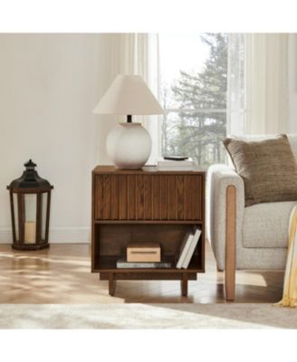 Grille Slat End Table with Drawer and Open Shelf, Farmhouse Side Table with USB Ports for Bedroom Living Room