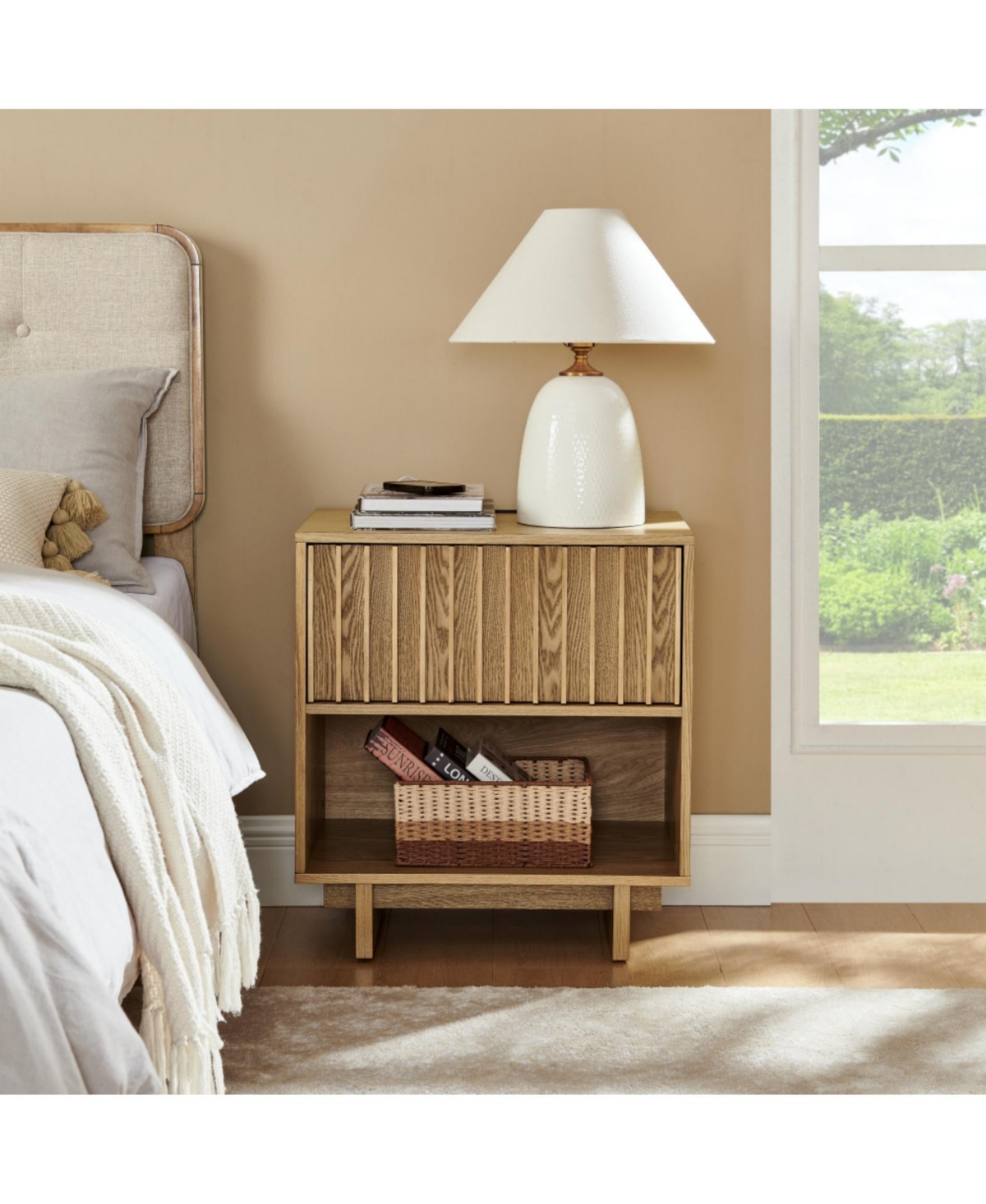 Rainsken Grille Slat End Table with Drawer and Open Shelf, Farmhouse Side Usb Ports for Bedroom Living Room