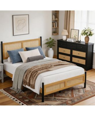 Boho Rattan Bedroom Set Platform Bed Frame with Woven Headboard and 7 Drawer Dresser Rattan Finish Sturdy Slat Support No Box Spring Needed