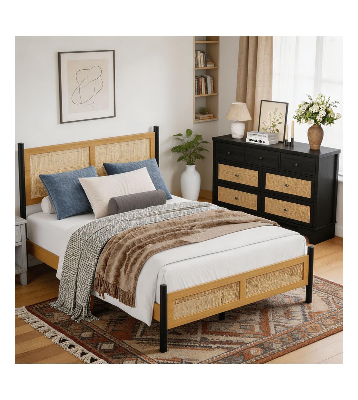 homfan Boho Rattan Bedroom Set Platform Bed Frame with Woven Headboard and 7 Drawer Dresser Rattan Finish Sturdy Slat Support No Box Spring Needed