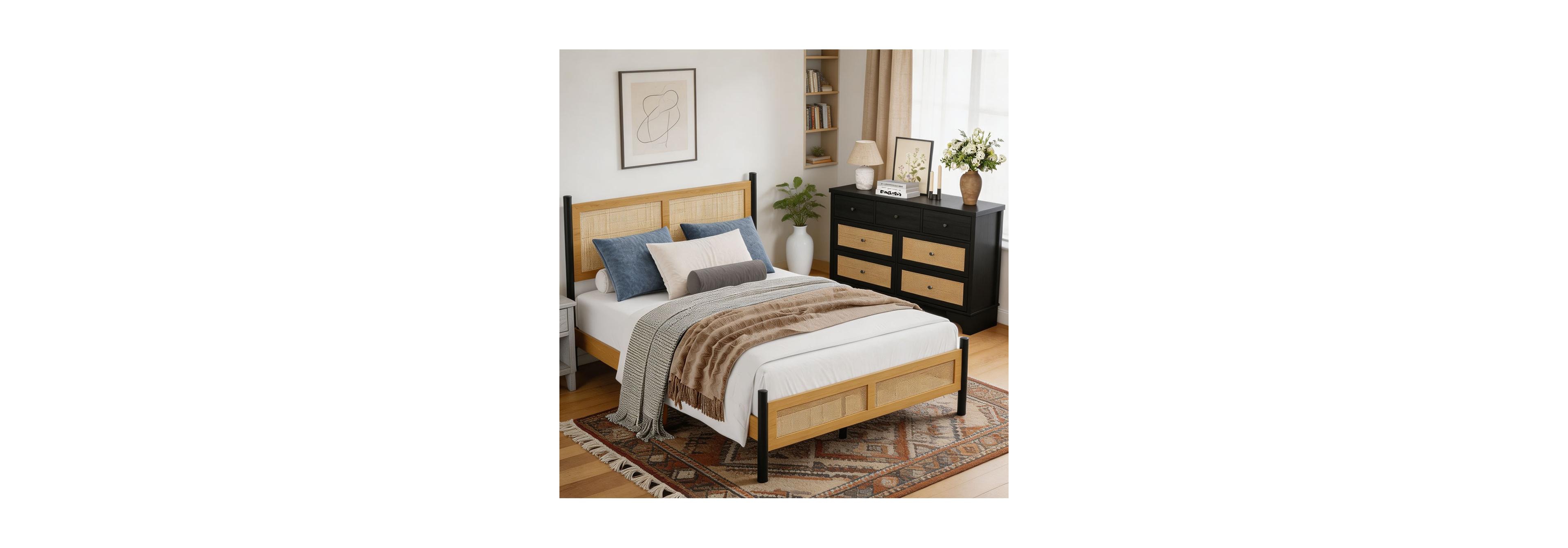 homfan Boho Rattan Bedroom Set Platform Bed Frame with Woven Headboard and 7 Drawer Dresser Rattan Finish Sturdy Slat Support No Box Spring Needed