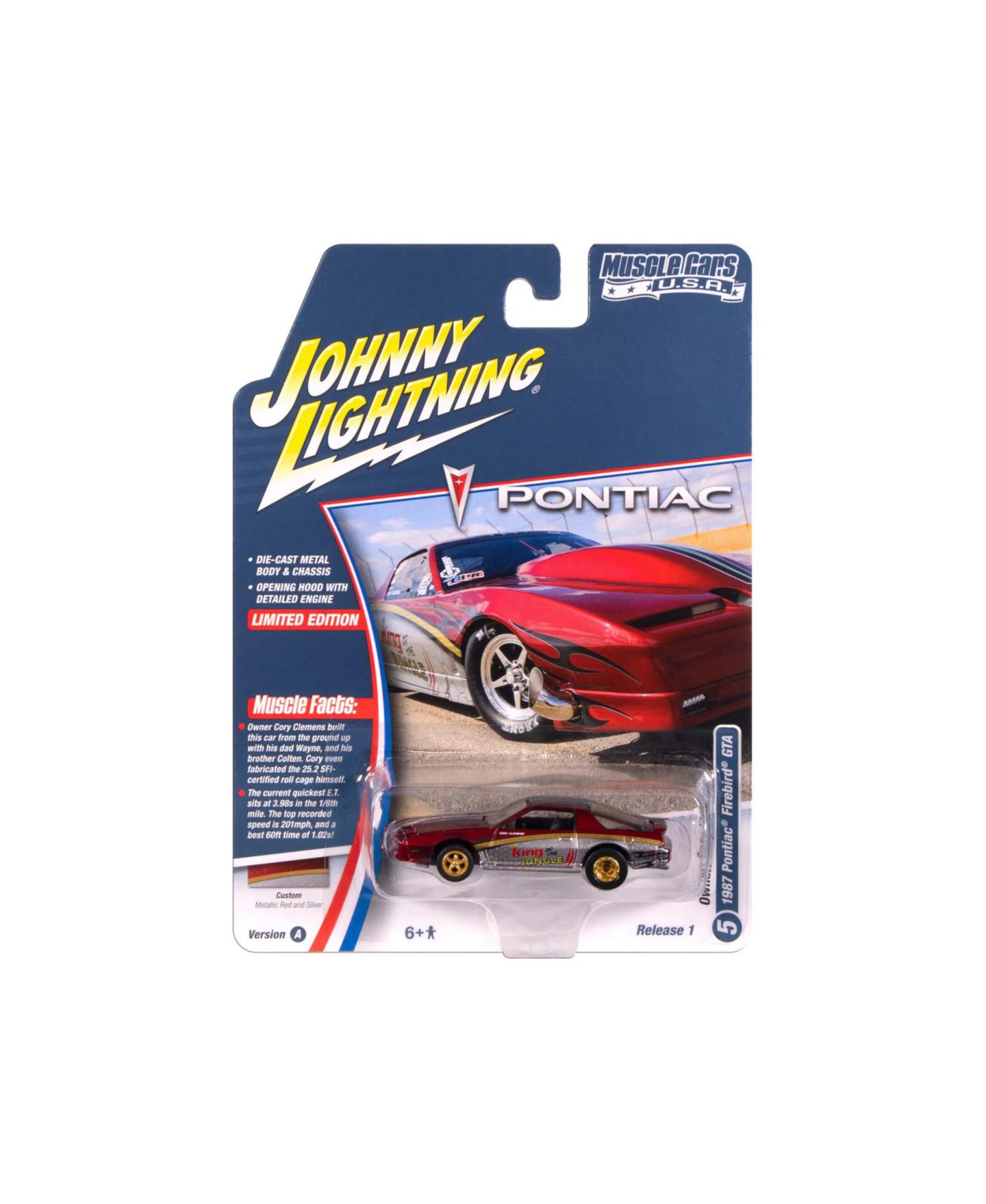 Детская игрушка Johnny Lightning 1/64 Scale 1987 Pontiac Firebird GTA King of the Jungle Muscle Cars USA Opening Hood Die-Cast Model Car — фото 4