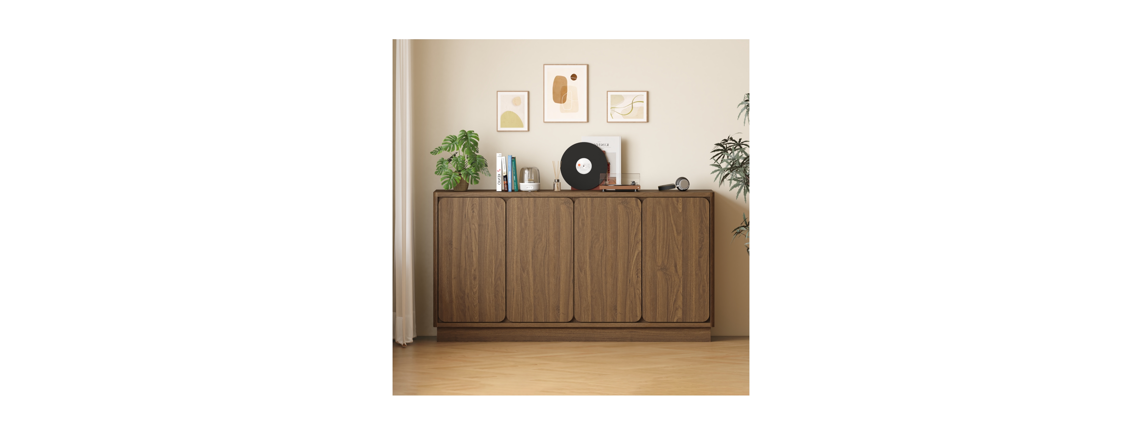 Streamdale Furniture 59" Walnut 4-Door Sideboard Buffet Cabinet with Adjustable Shelves