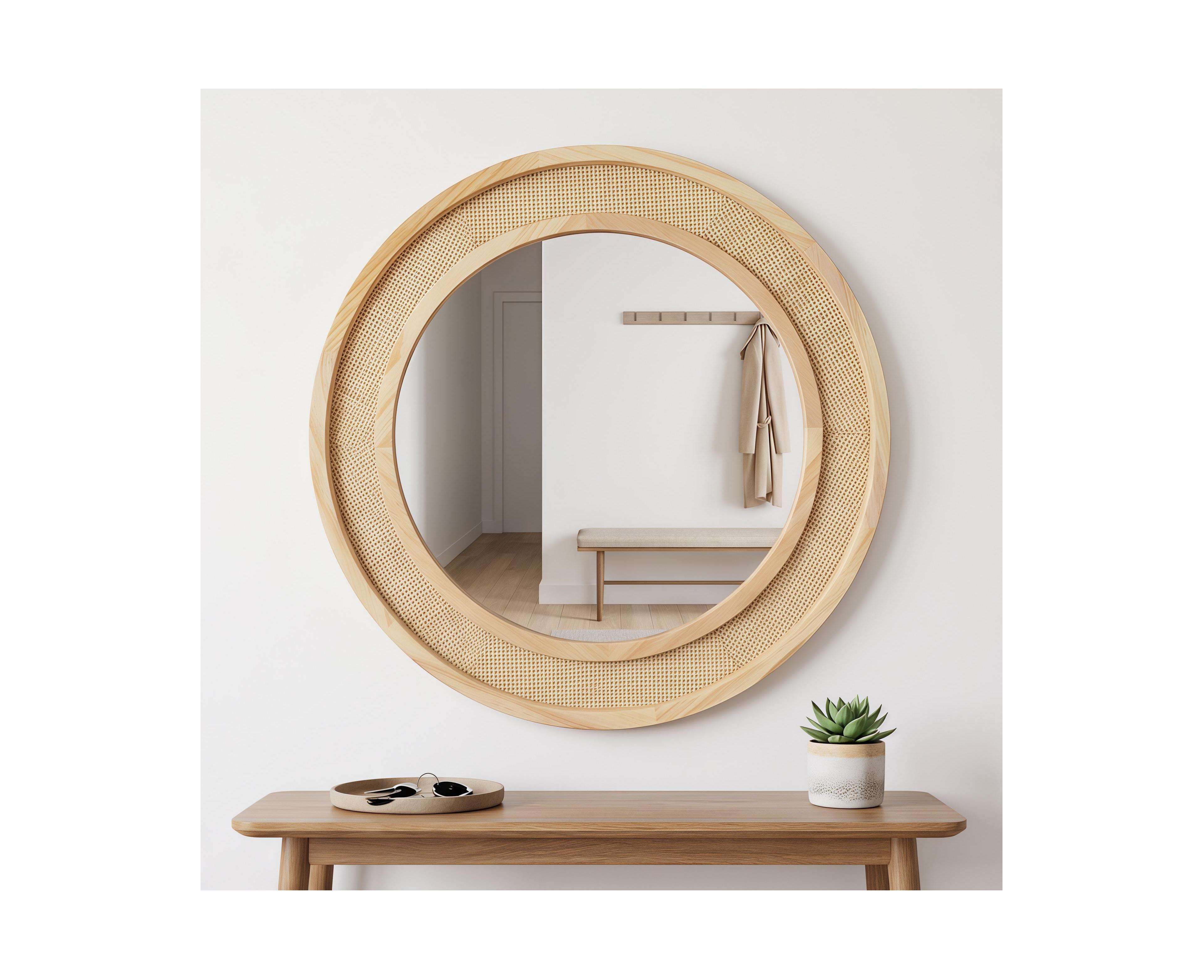 Laoties 30" Round Rattan Wall Mirror with Solid Wood Frame Double-Ring Decorative Accent
