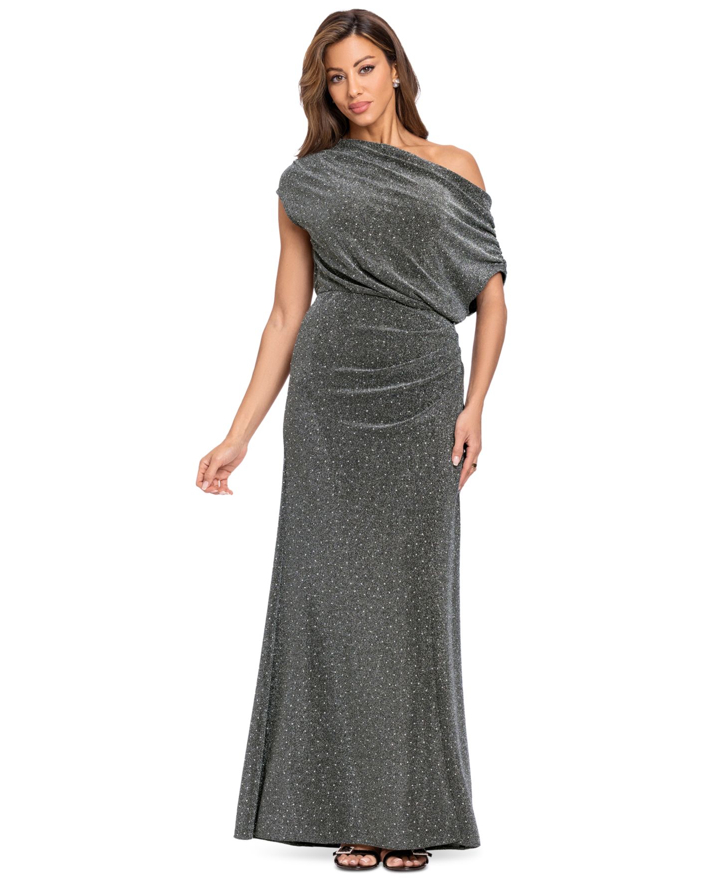 Женское платье Betsy & Adam Off-the-Shoulder Studded Knit Long Gown, цвет: Чёрный серебряный — фото 1