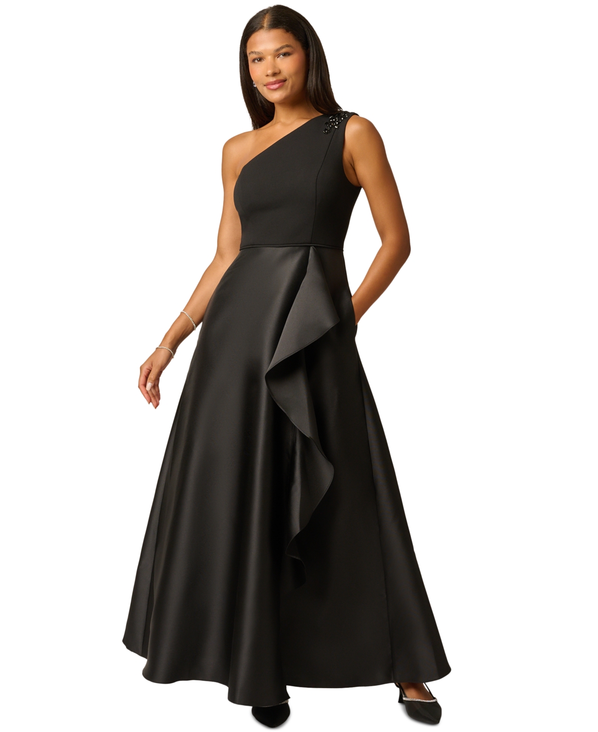 Adrianna Papell Women's One-Shoulder Combo Mikado Ruffle Gown