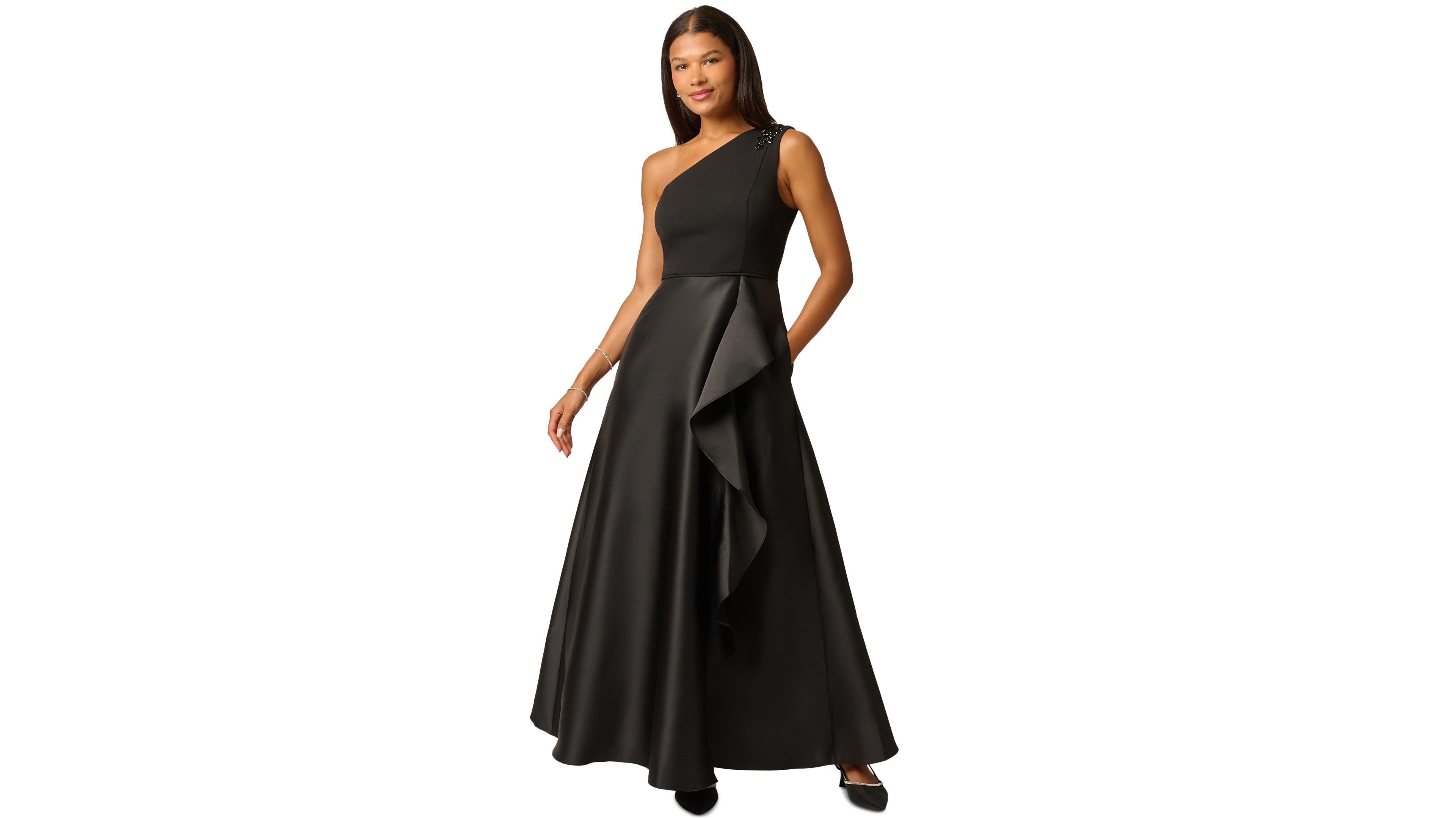 Adrianna Papell Women's One-Shoulder Combo Mikado Ruffle Gown
