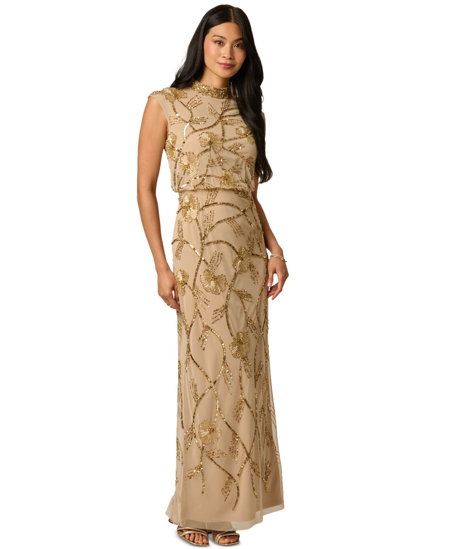 Женское платье Adrianna Papell Mock Neck Beaded Floral Gown, цвет: Золотой — фото 2