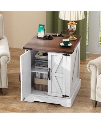 Farmhouse End Table with Charging Station and Barn Doors
