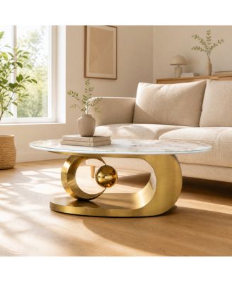  Polished Stainless Steel Oval Faux Marble Glass Top Coffee Table