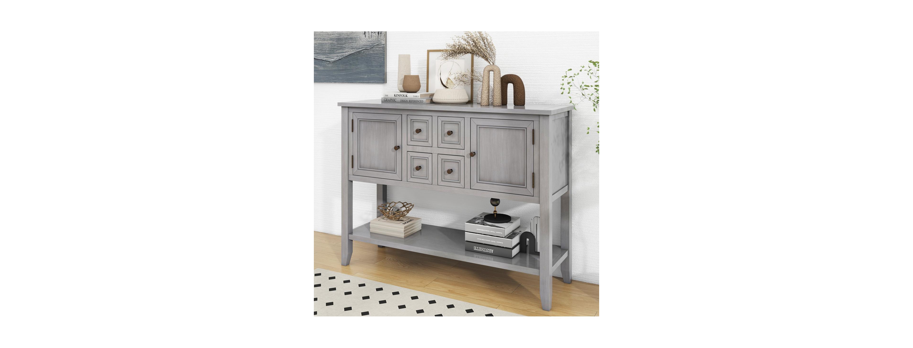 Streamdale Furniture Vintage Console Table with 4 Drawers and Bottom Shelf