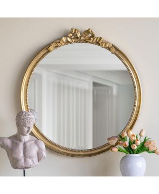 30" x 32" Baroque Round Wall Mirror with Scrollwork Crown Ornate Decorative Mirror