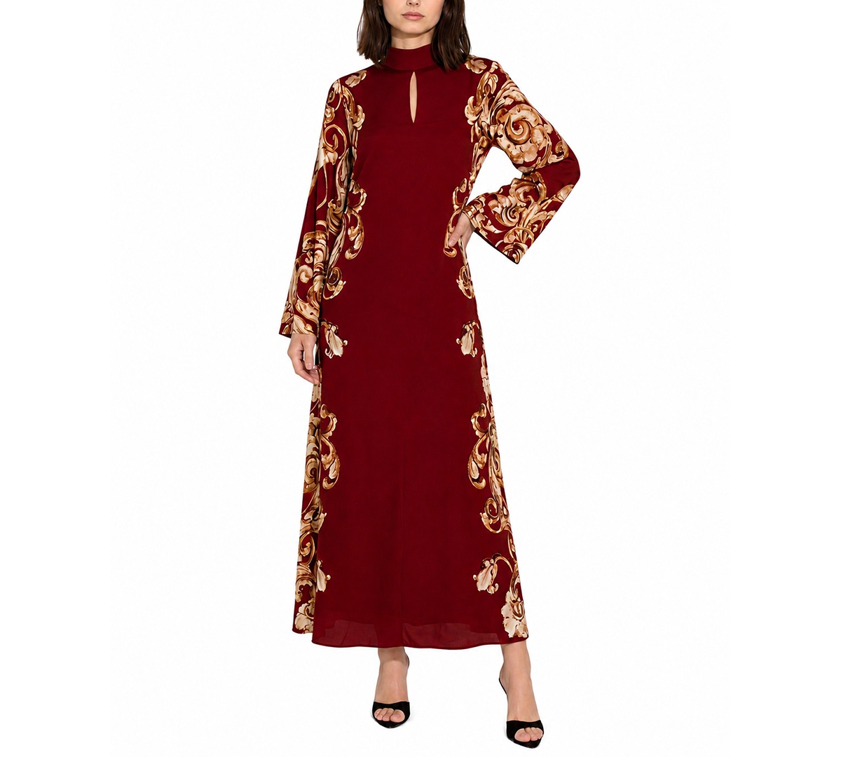 Elie Tahari Women's Analeia Mock-Neck A-Line Long-Sleeve Silk-Blend Maxi Dress - Dream Map