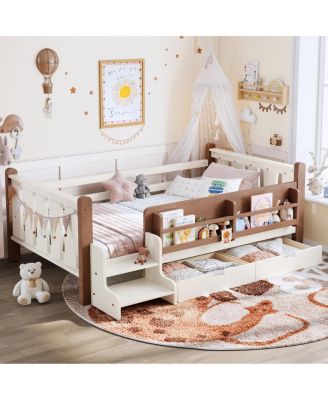 Twin Size Wood Kids Floor Bed with Bookcase, Drawers and Guardrails