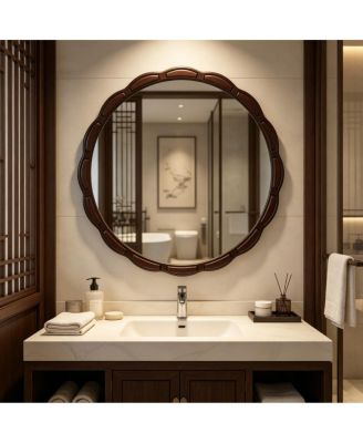 31.5" Round Wall Mirror with Carved Solid Wood Frame Farmhouse Decorative Mirror
