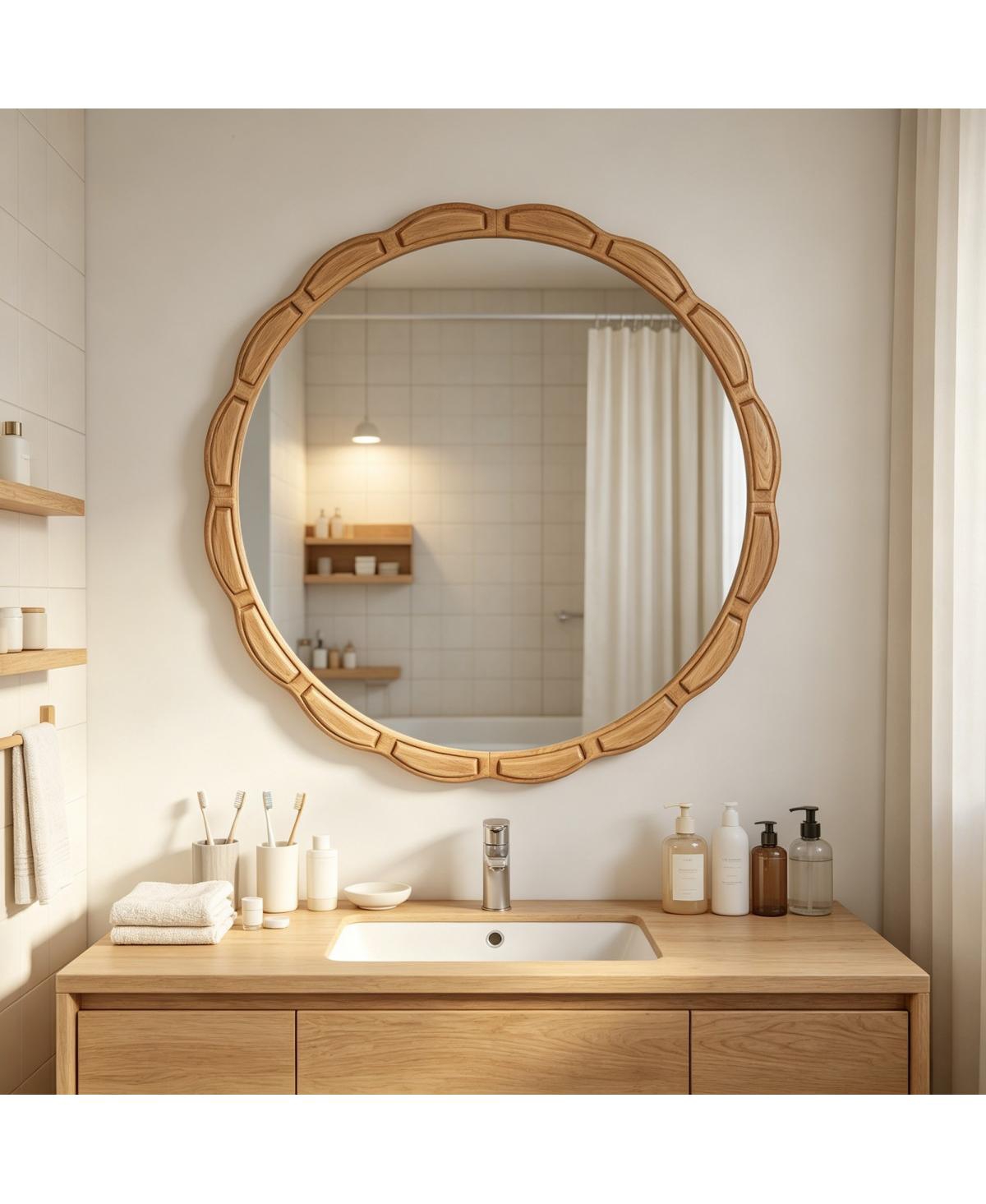 Laoties 31.5" Round Wall Mirror with Carved Solid Wood Frame Farmhouse Decorative Mirror