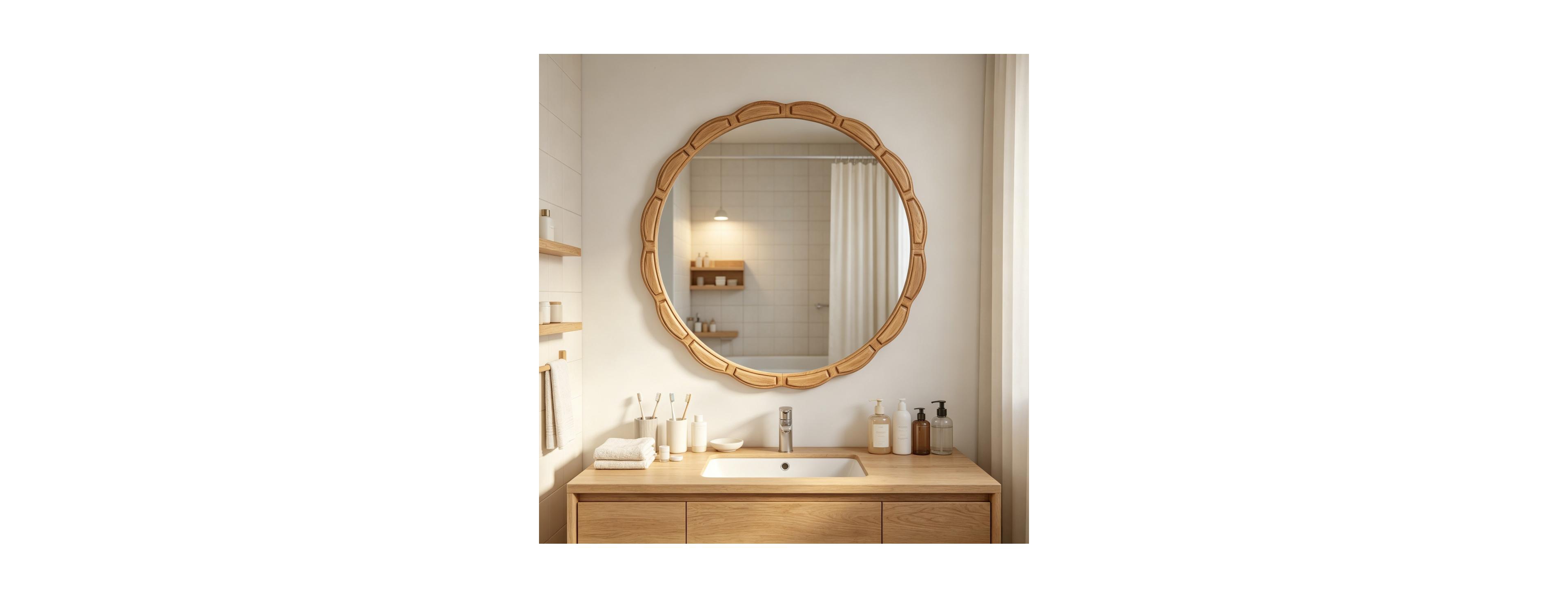 Laoties 31.5" Round Wall Mirror with Carved Solid Wood Frame Farmhouse Decorative Mirror
