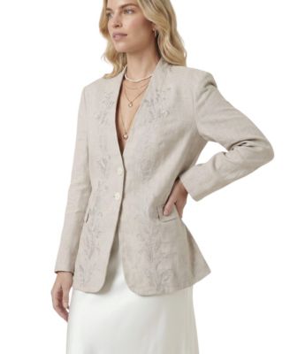 Women's Floral-Embroidered Puff-Sleeve Linen Blazer