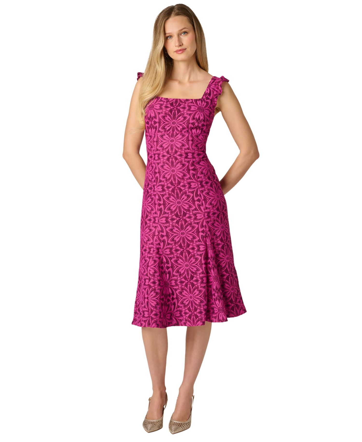 Women's Flutter Geometric Lace Midi Dress