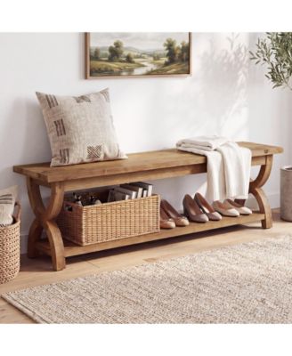 63" Solid Wood Entryway Bench, Curved X-Leg Shoe Bench