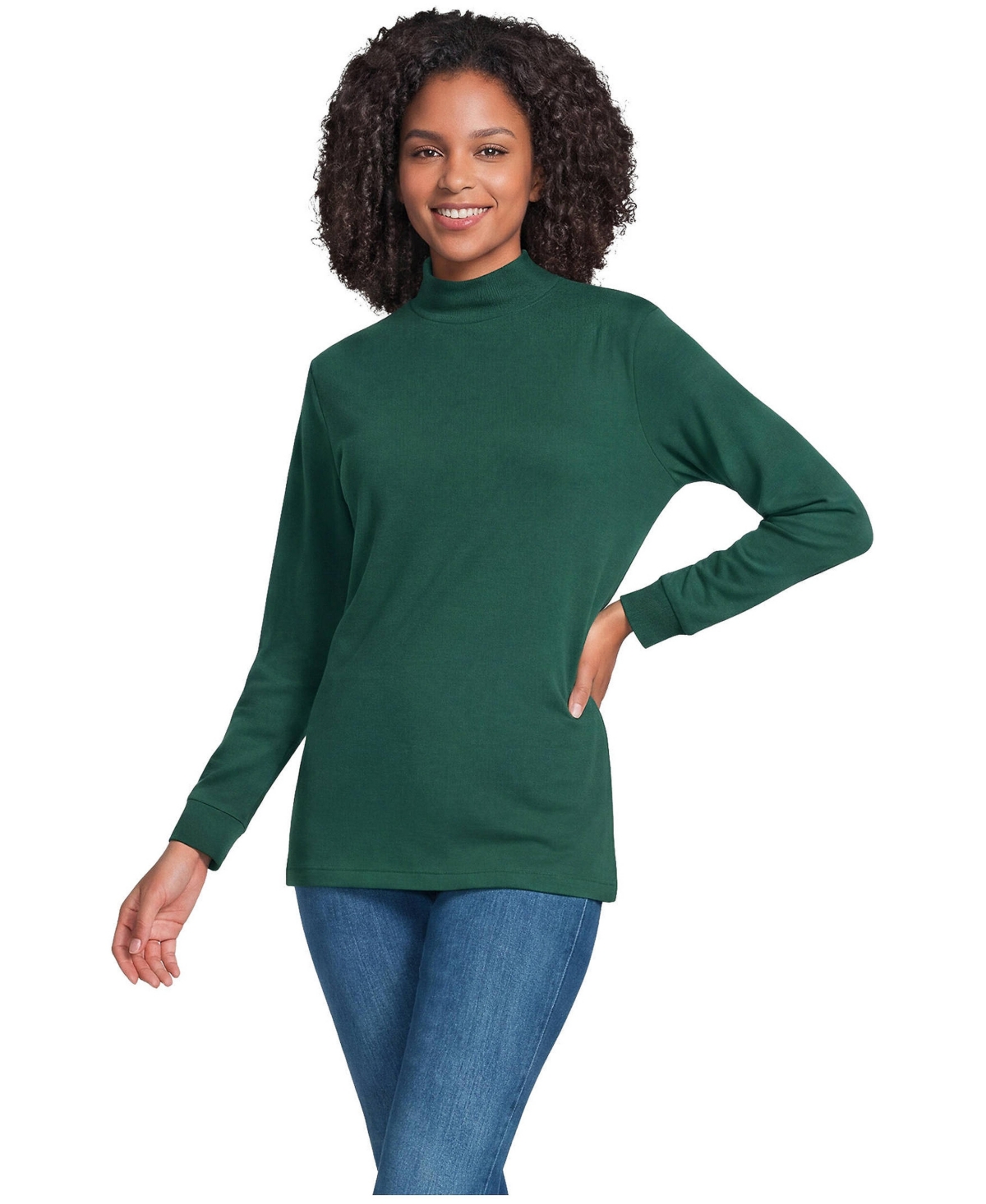 Lands' End Women's Tall Relaxed Cotton Long Sleeve Mock Turtleneck - Pine