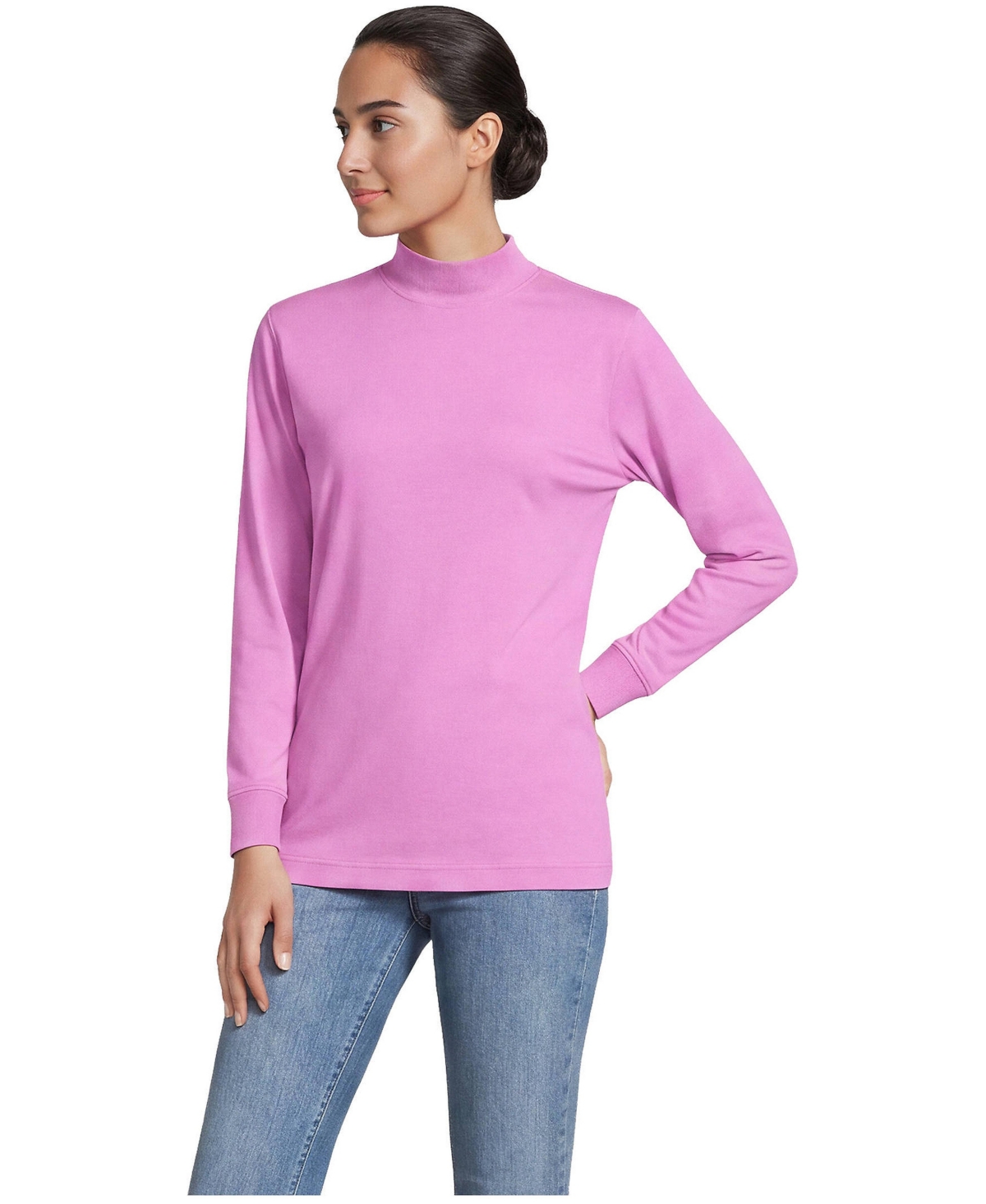 Lands' End Women's Tall Relaxed Cotton Long Sleeve Mock Turtleneck - Aster pink