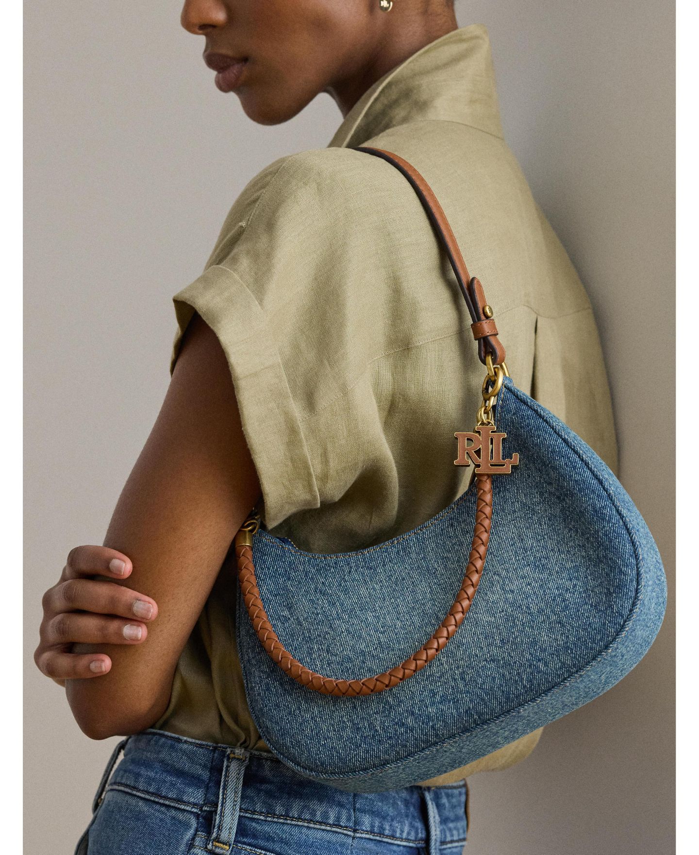 Женская сумка Lauren Ralph Lauren Marcy Denim Medium Shoulder, цвет: Синий / Рыжевато-коричневый — фото 2