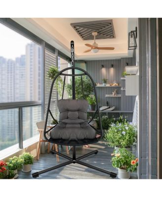 Outdoor Wicker Rattan Hanging Egg Chair with C Type Bracket, 350lbs Load, Soft Cushion and Pillow, Patio Backyard Relaxation Chair for Adults