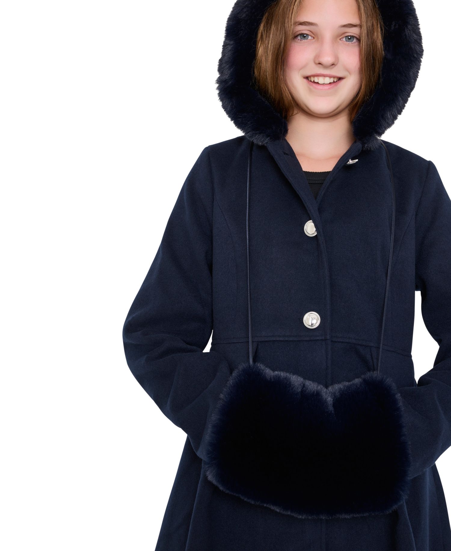Girls' 6-16 Long-Sleeve Hooded Fur Trim Coat with Muff