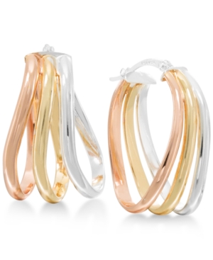image of Tri-tone Oval Hoop Earrings in Sterling Silver and 18k Gold-Plated and Rose Gold-Plated Sterling Silver