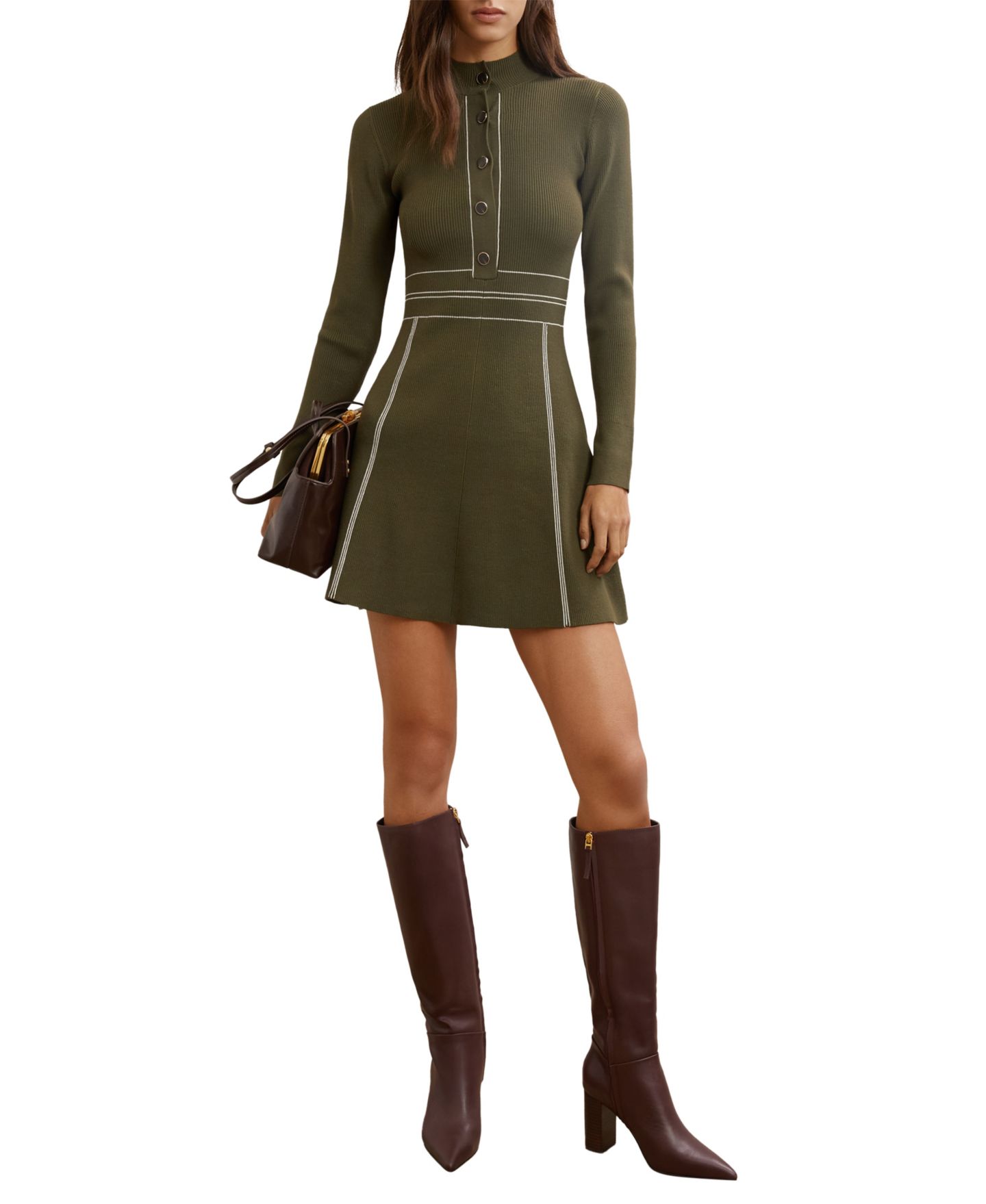 Женское платье REISS Alex Mock-Neck Long-Sleeve Rib-Knit Mini Sweater Dress, цвет: Хаки — фото 1