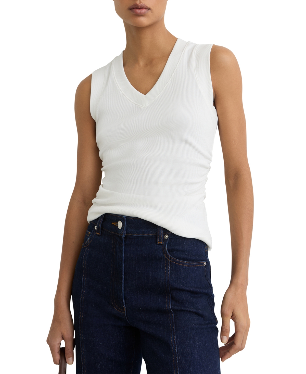 Reiss Women's Sandy V-Neck Ruched Ribbed Tank Top - White