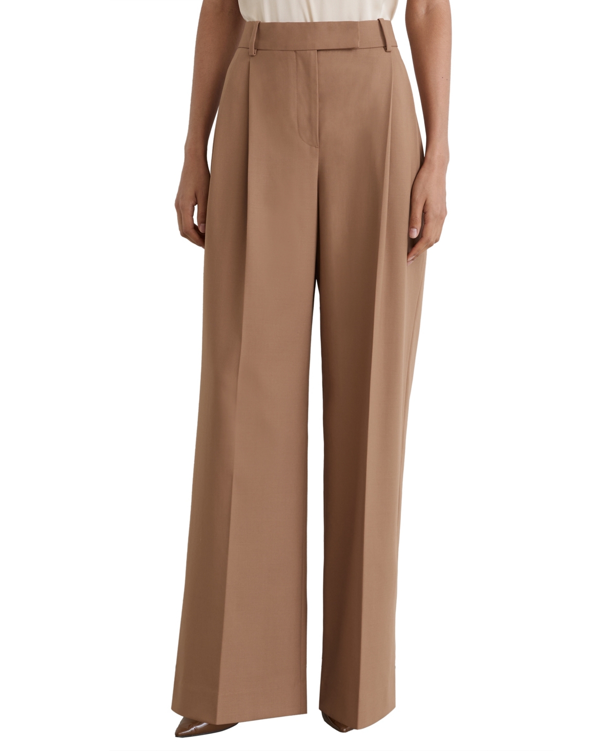 Reiss Women's Luna Pleated Wide-Leg Wool-Blend Trousers - Camel