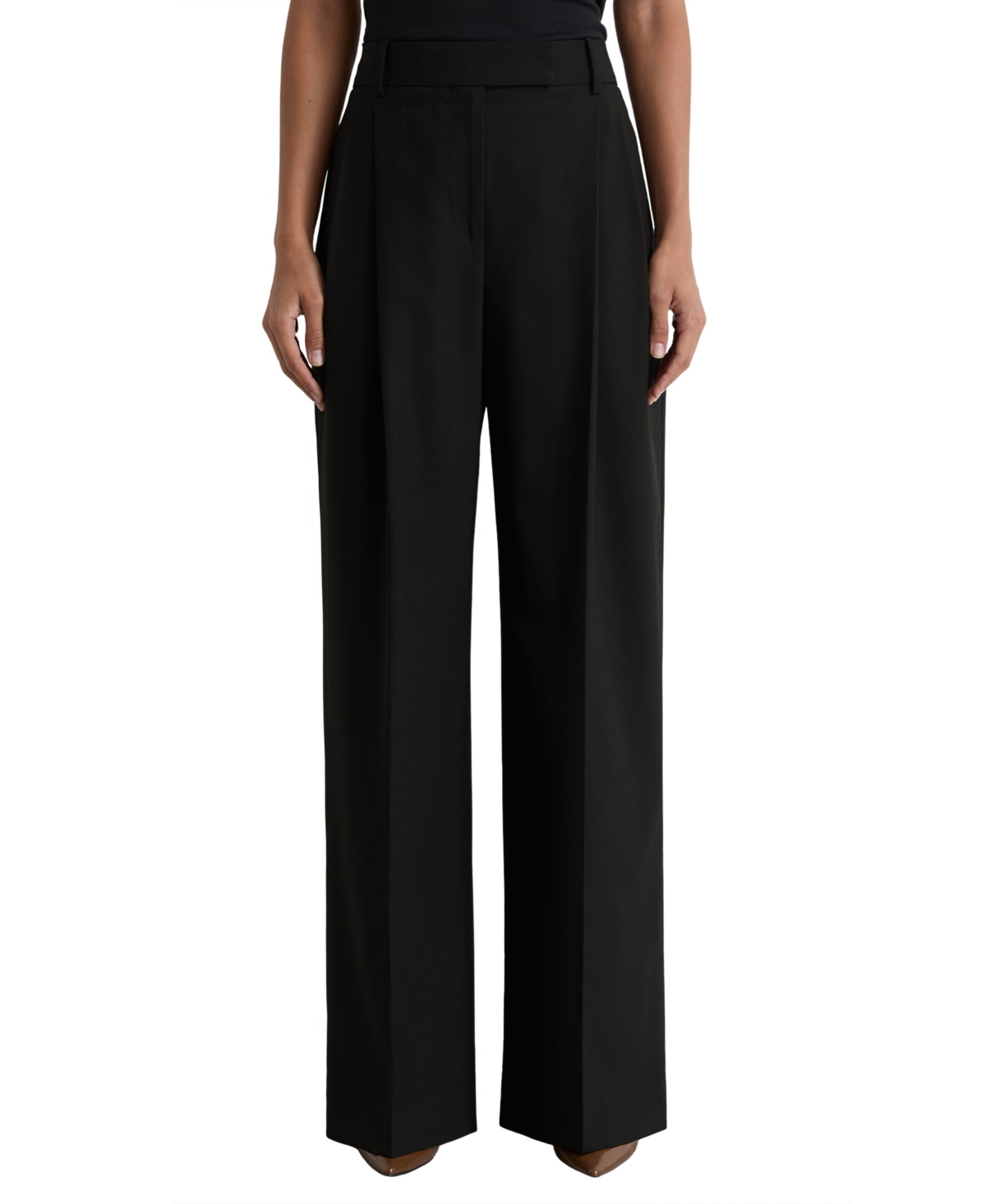 Reiss Petite Pleated Wide-Leg Wool-Blend Pants - Black