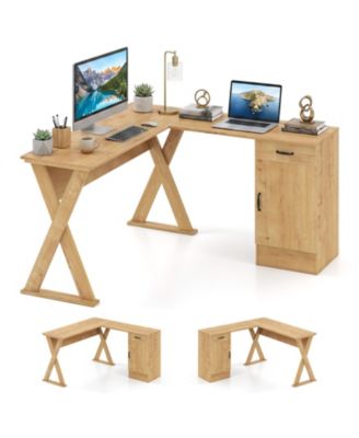 L-Shaped Computer Desk with Reversible Drawer and Cabinet X-shaped Structure Natural