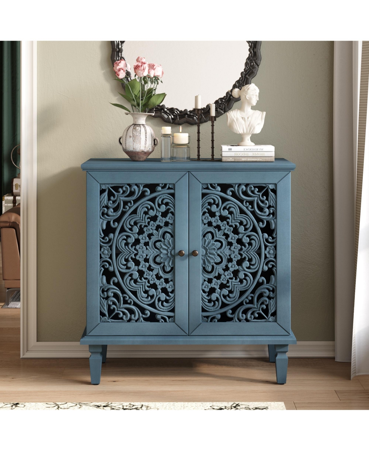 Clihome Vintage Carved Accent Cabinet, 2 Door Storage Sideboard with Adjustable Shelf for Entryway