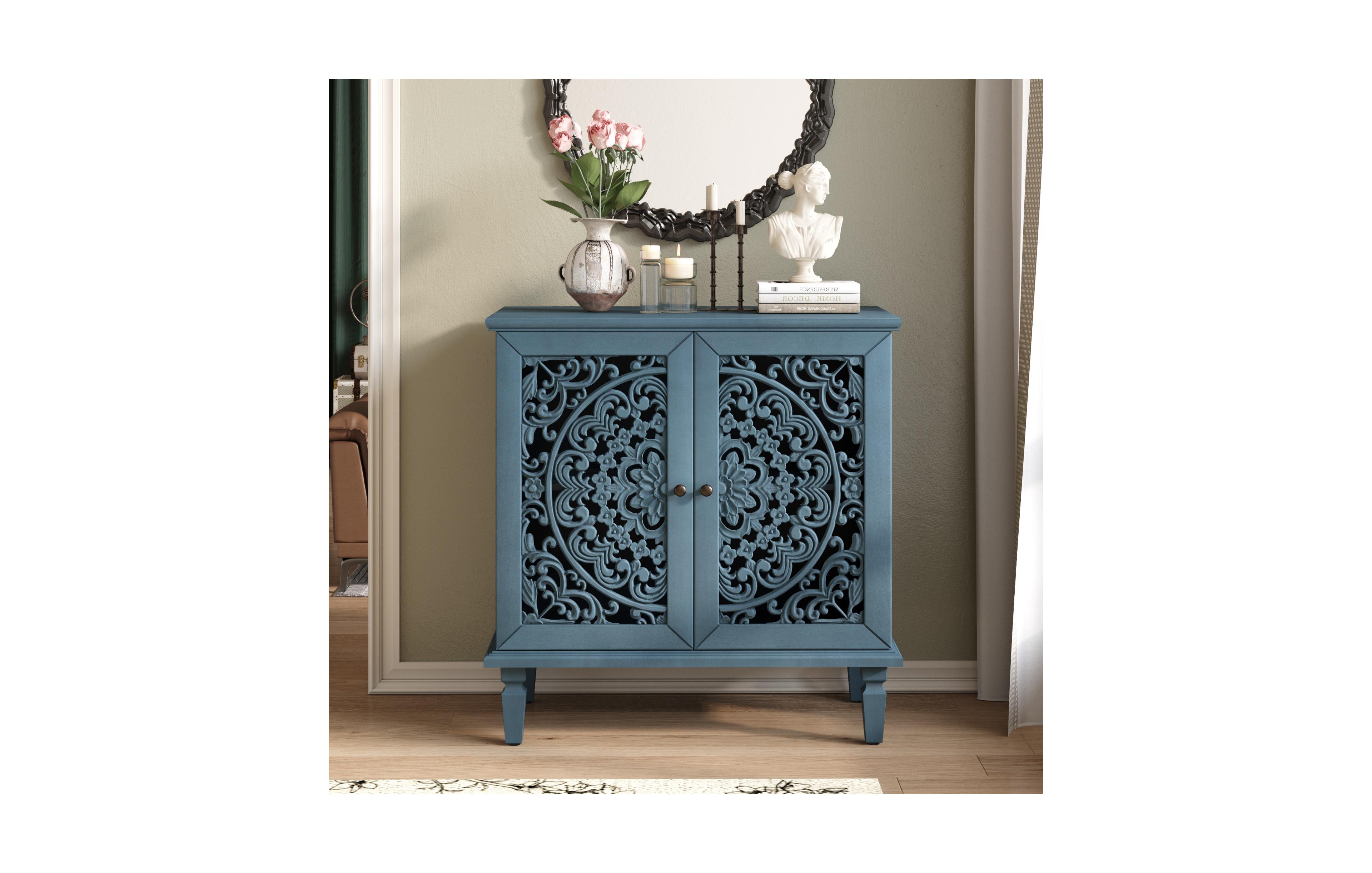 Clihome Vintage Carved Accent Cabinet, 2 Door Storage Sideboard with Adjustable Shelf for Entryway