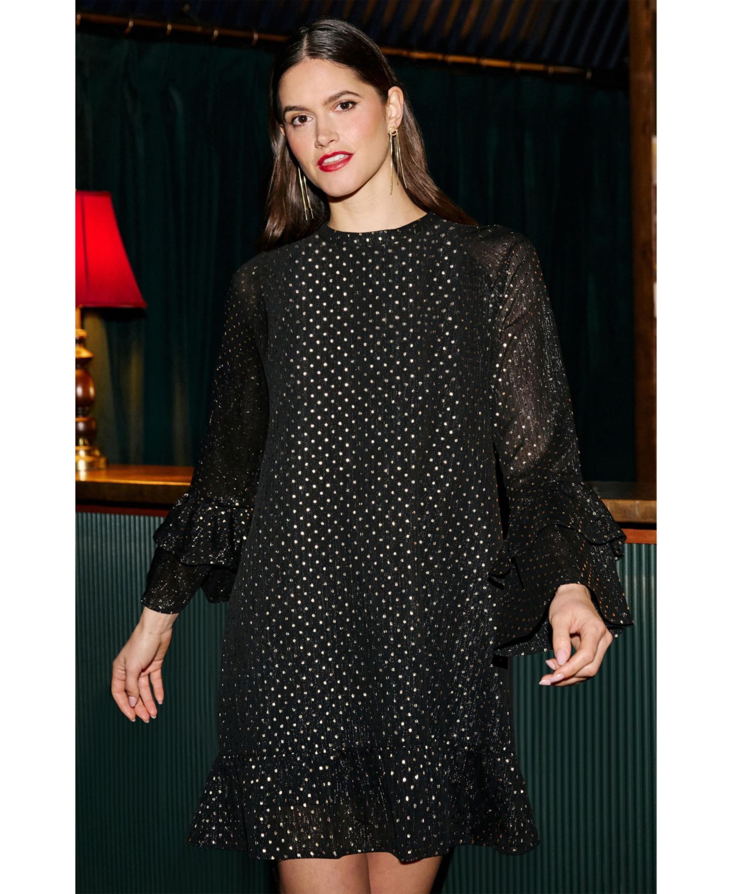 Женские платья Yumi Foil Print Flared Sleeve Tunic, цвет: Чёрный — фото 6