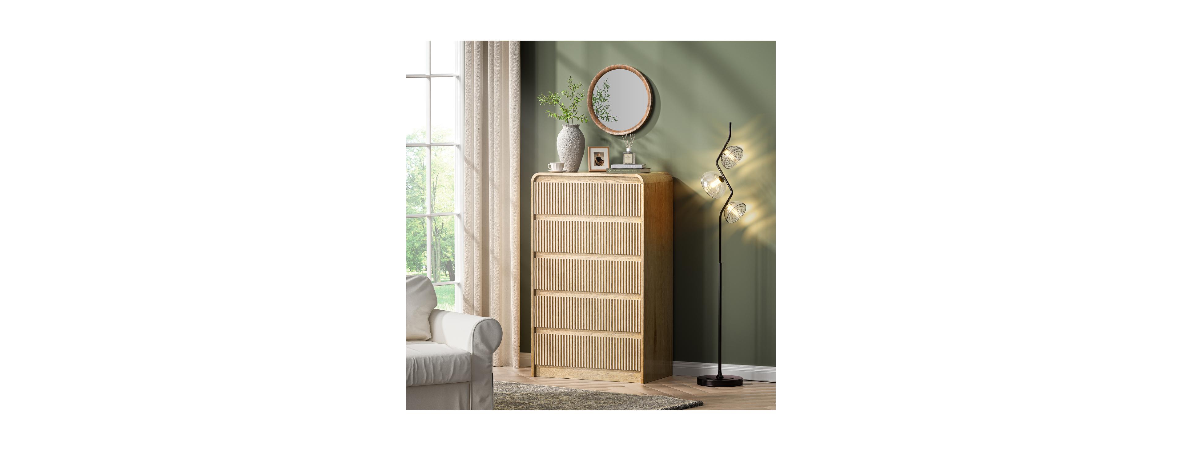 Streamdale Furniture Modern Fluted 5-Drawer Wood Dresser and Mid-Century End Table