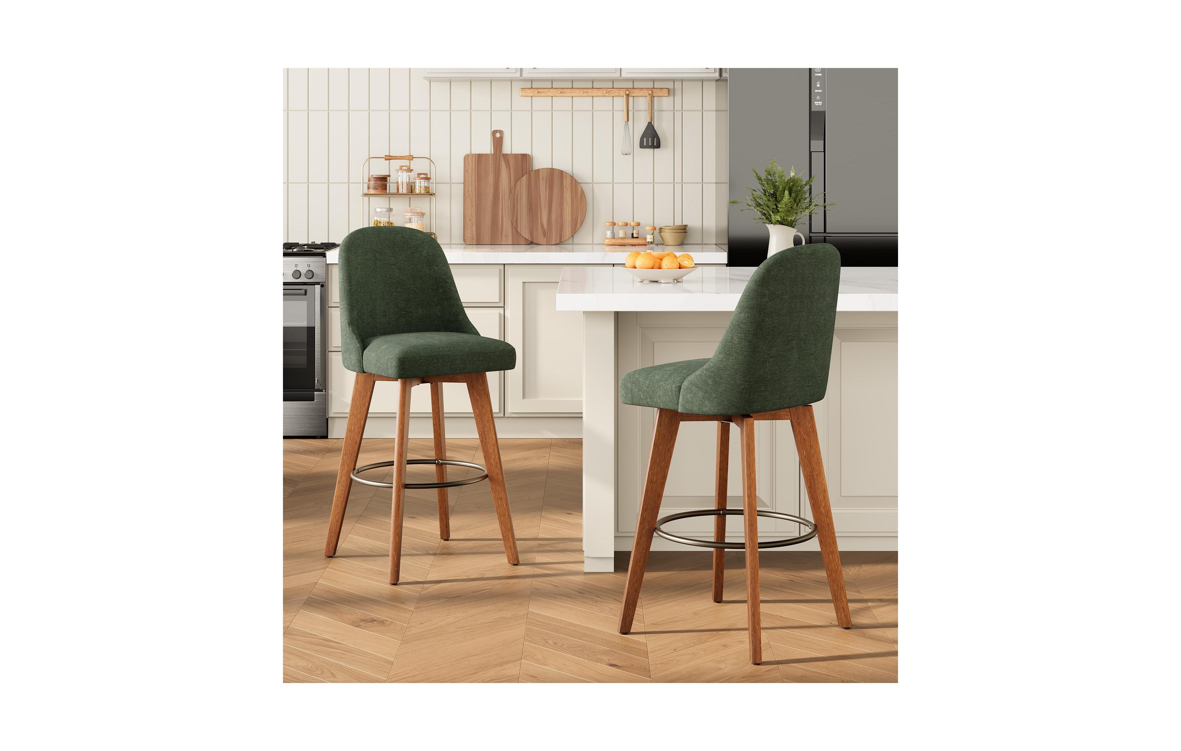 homfan 2 Set of Counter Height Bar Stools, Linen Upholstered Bar Chairs with Backs and Wood Legs, 360 Swivel Bar Stools, 26" Seat Height Stools