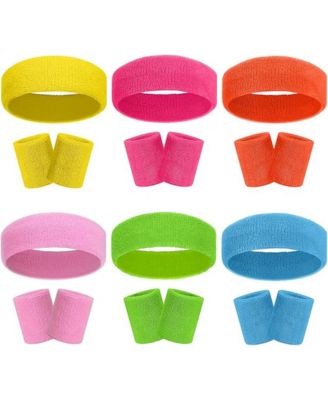18 Bands Terry Cloth Sports Sweatbands Set Striped Neon Athletic Gym Gear