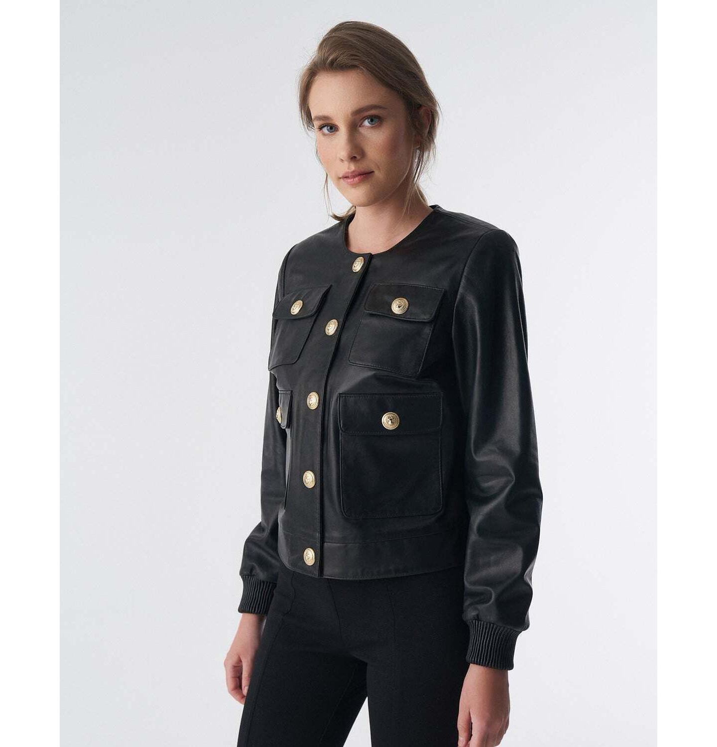 Женская куртка Furniq UK Beatrice Collarless Leather, цвет: Чёрный — фото 3