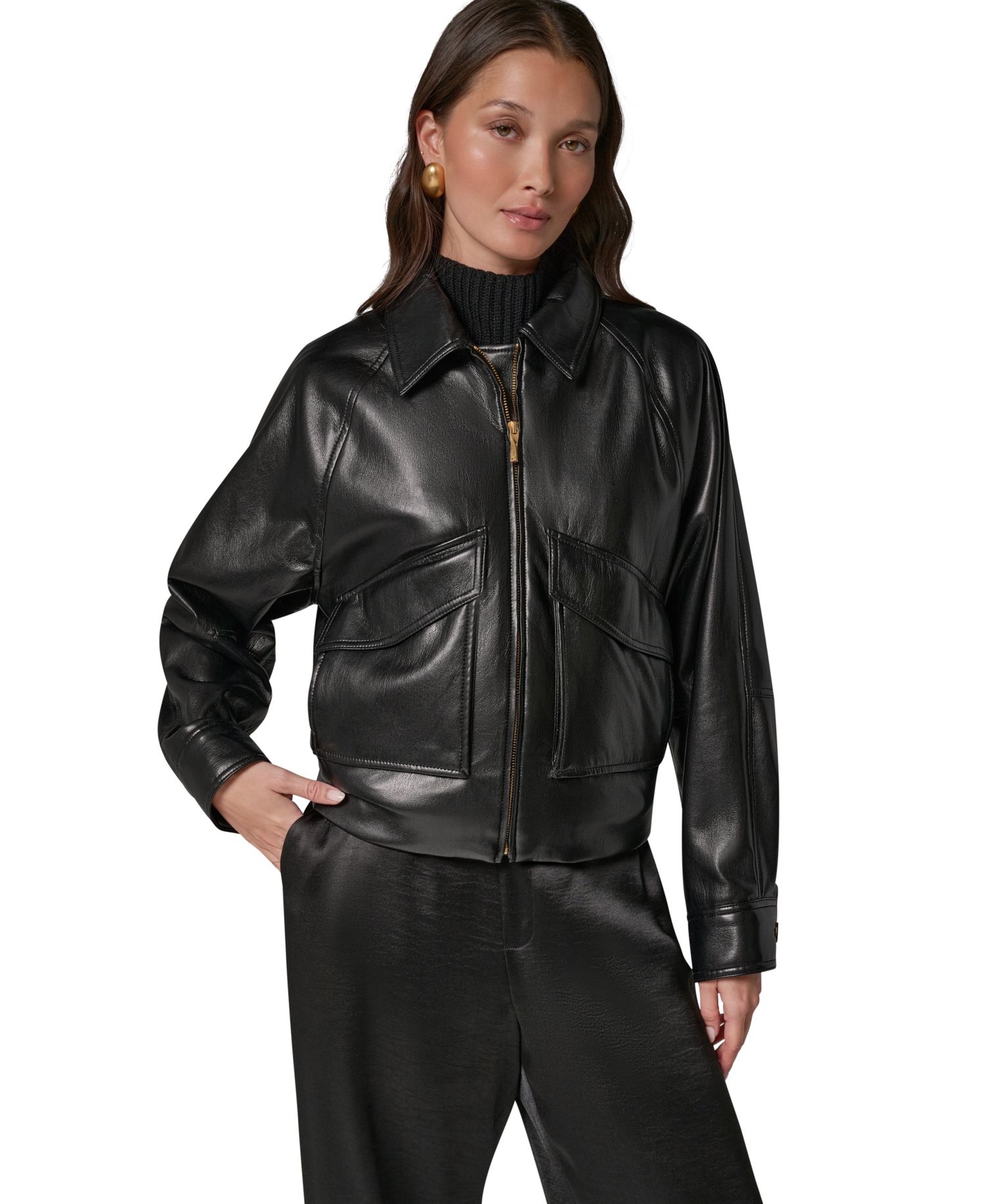 Women's Short Raglan Collared Faux Leather Jacket