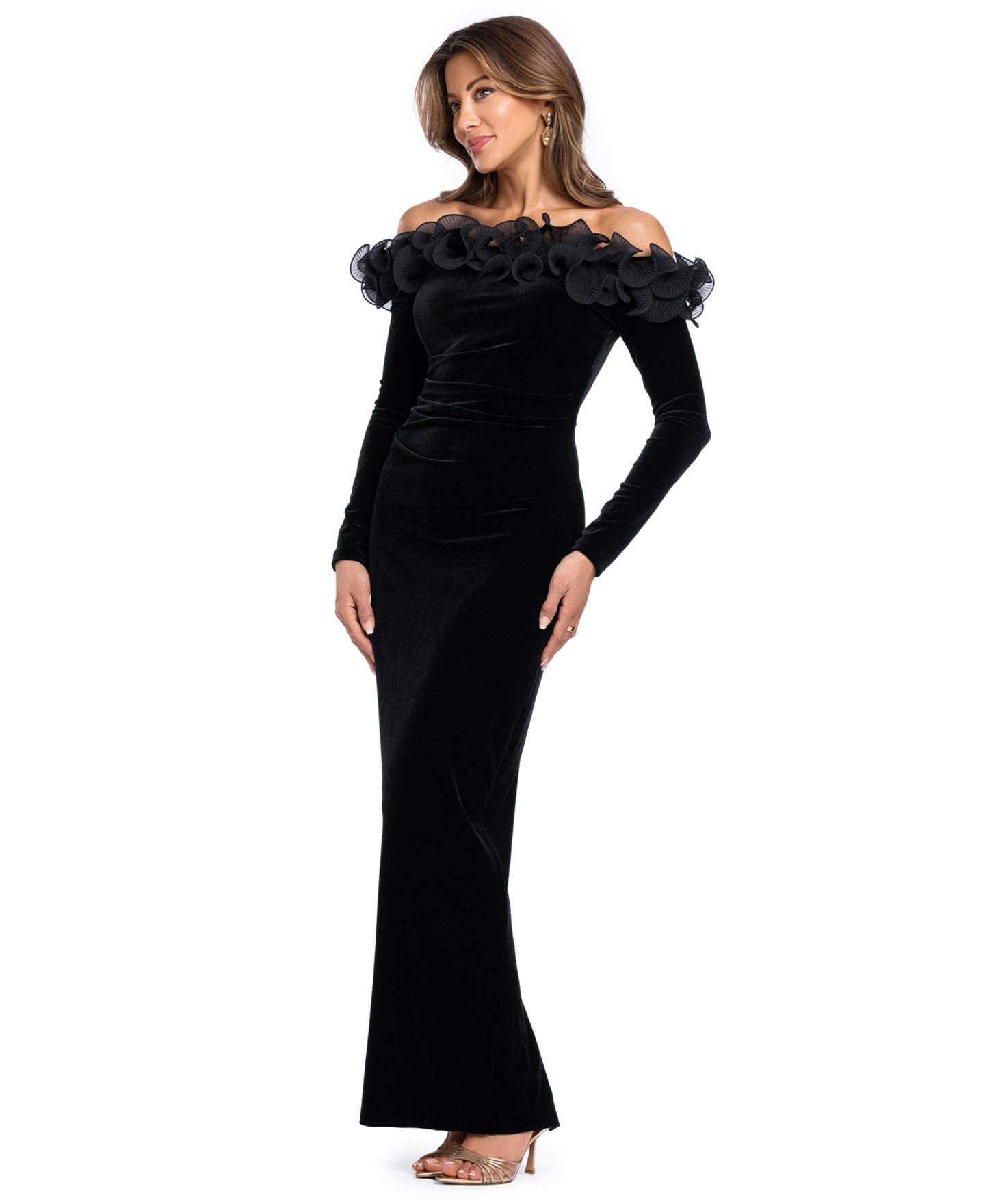 Женское платье XSCAPE Off-the-Shoulder Velvet Ruffled Gown, цвет: Чёрный — фото 2