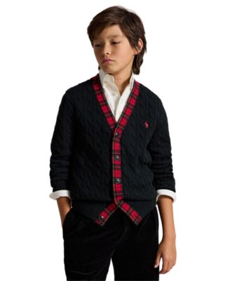 Boys' 8-20 Cable-Knit Plaid-Trim Cardigan