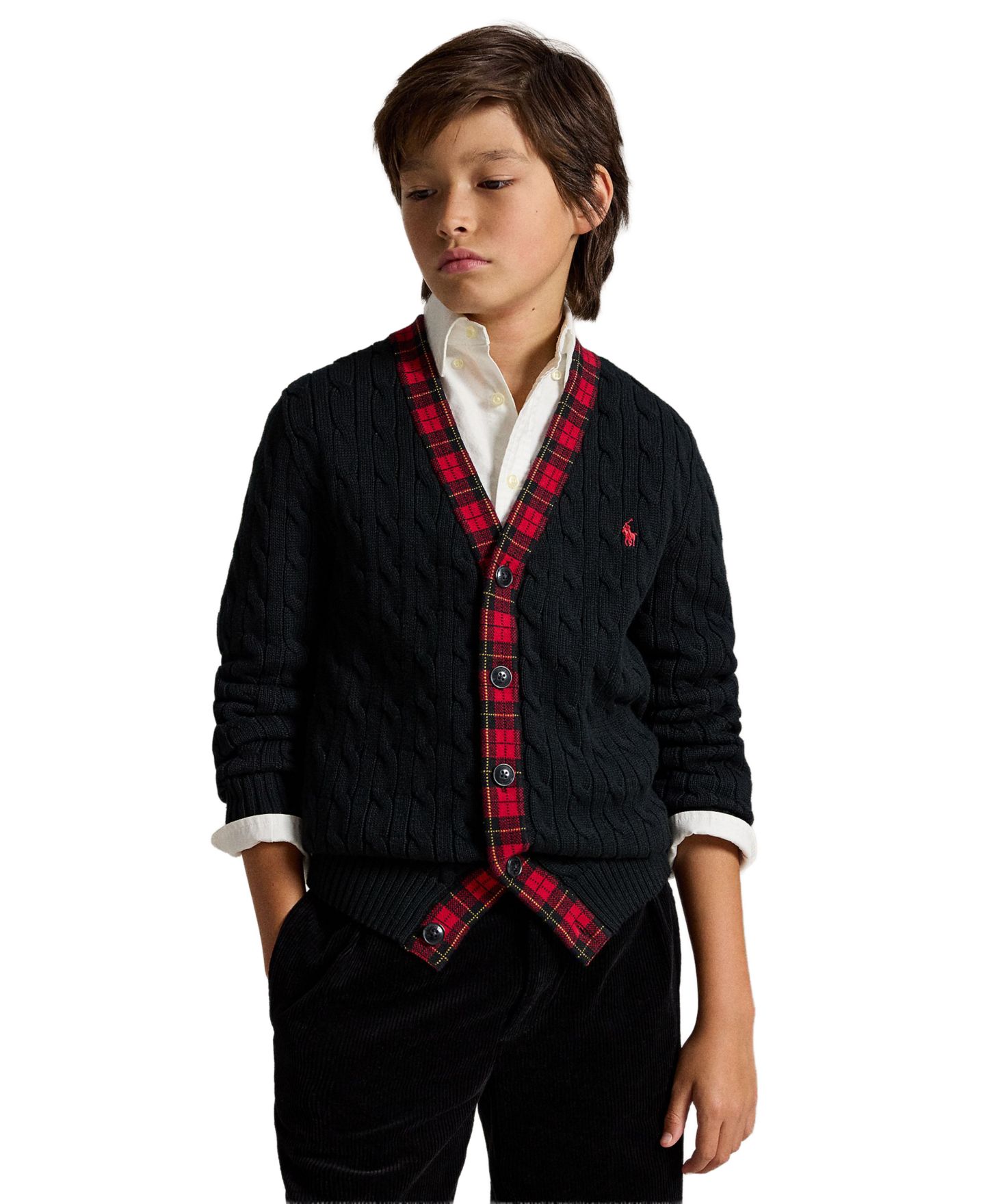 Кардиган Polo Ralph Lauren Cable-Knit Plaid-Trim для мальчиков, цвет: Чёрный — фото 1