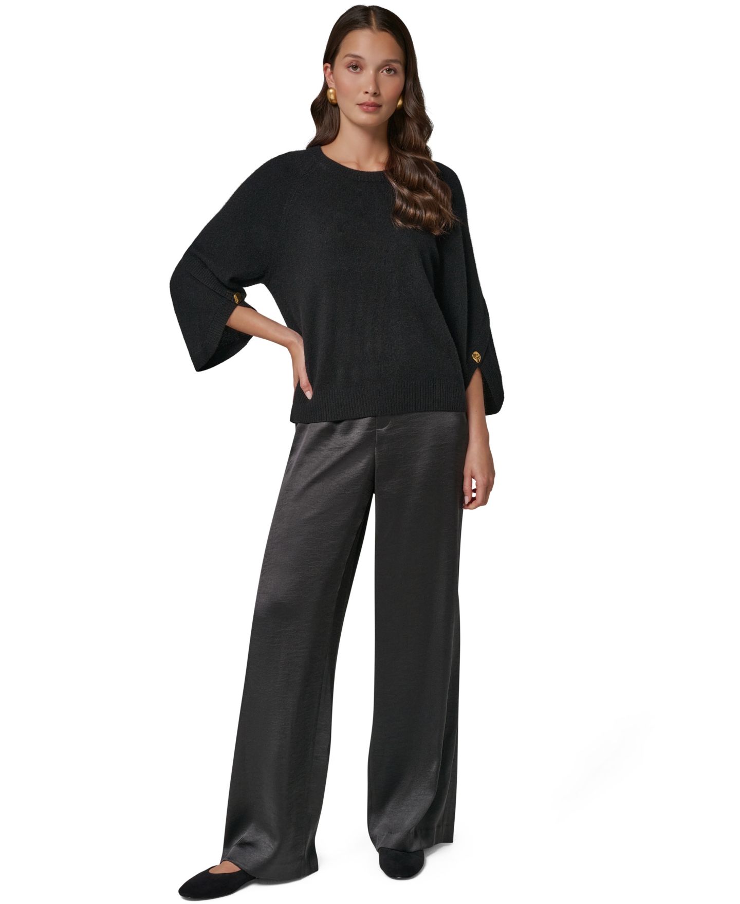 Женский свитер Donna Karan New York Cashmere 3/4-Sleeve Tulip Crewneck, цвет: Чёрный — фото 2