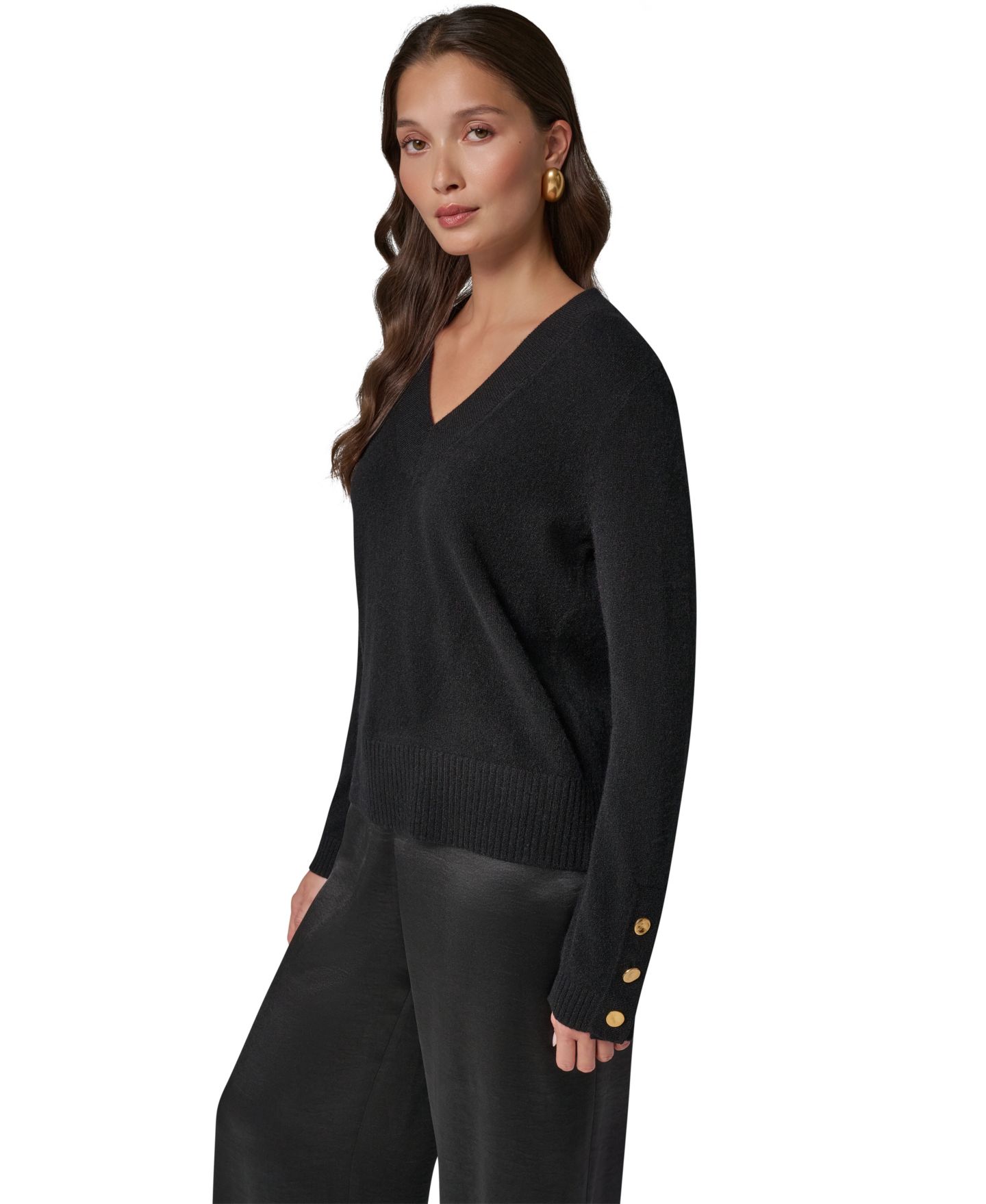 Женский свитер Donna Karan New York Cashmere Long-Sleeve V-Neck, цвет: Чёрный — фото 4